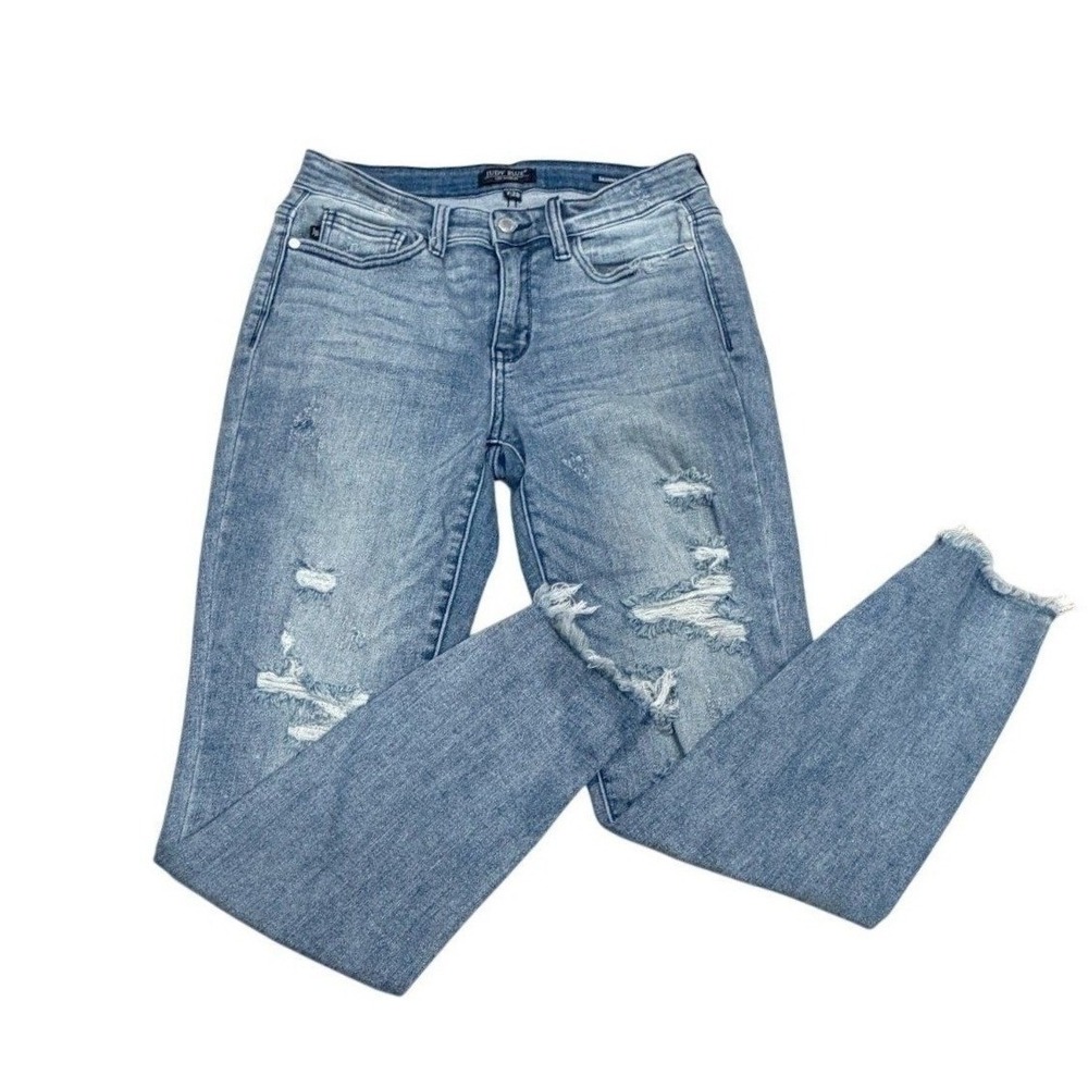 Judy Blue Womens Blue Distressed Denim Raw Hem Stretch Skinny Fit Jeans Size 7 - Picture 1 of 8